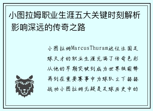 小图拉姆职业生涯五大关键时刻解析 影响深远的传奇之路