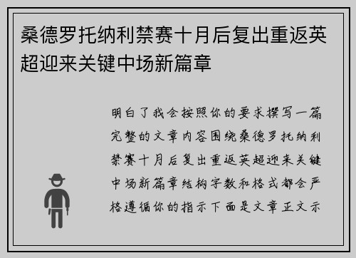 桑德罗托纳利禁赛十月后复出重返英超迎来关键中场新篇章